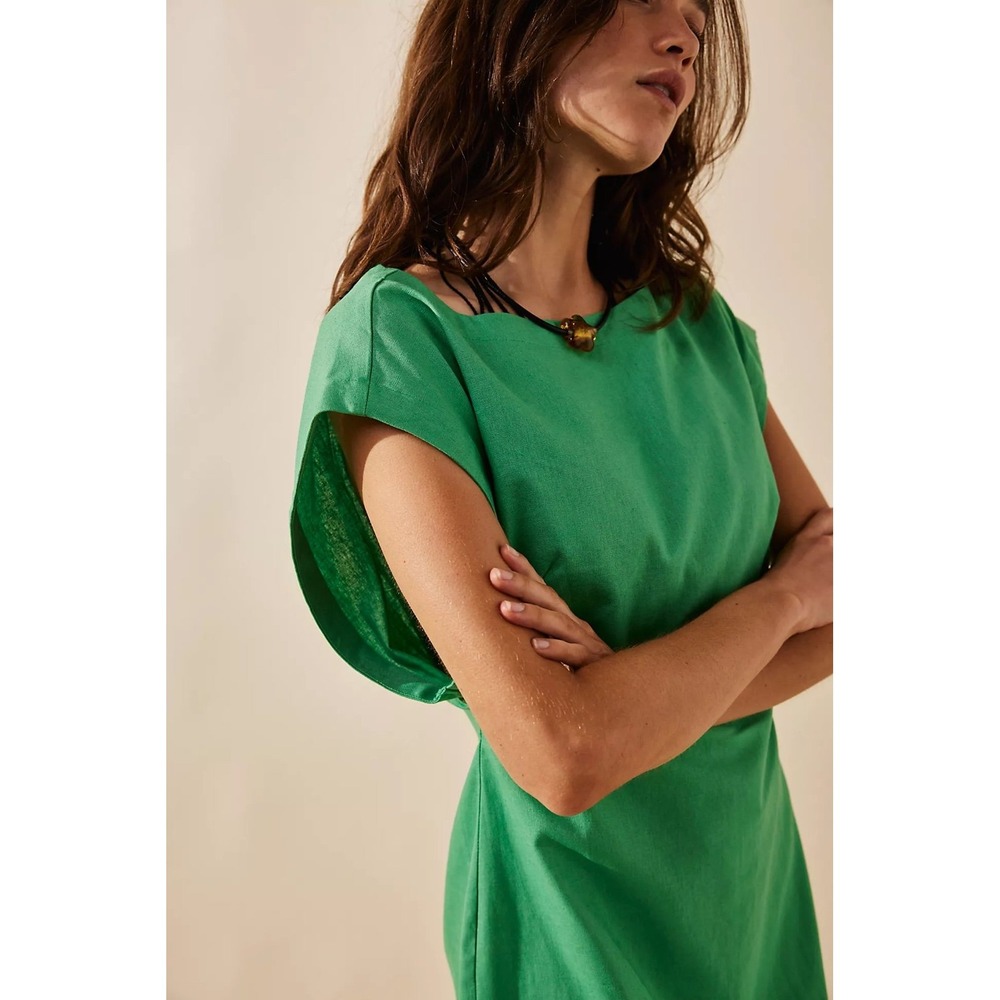 Free People Free-Est Poolside Perfect Mini Dress S Green Linen Boho Resort - Picture 3 of 7